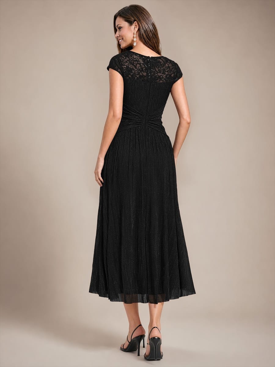 Sequin Tulle Midi Wedding Guest Dress with Cap Sleeves
