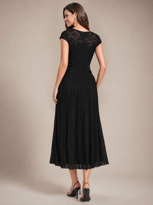 Sequin Tulle Midi Wedding Guest Dress with Cap Sleeves