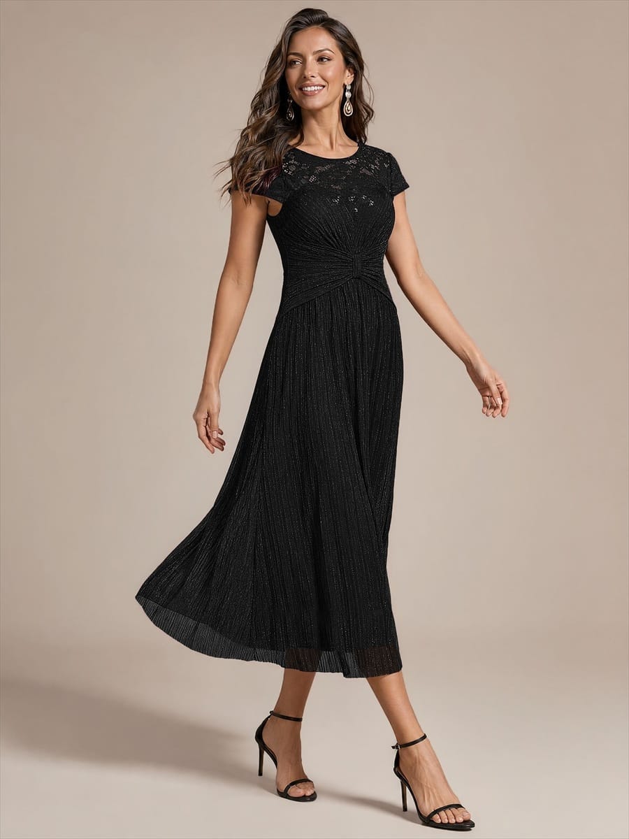Sequin Tulle Midi Wedding Guest Dress with Cap Sleeves