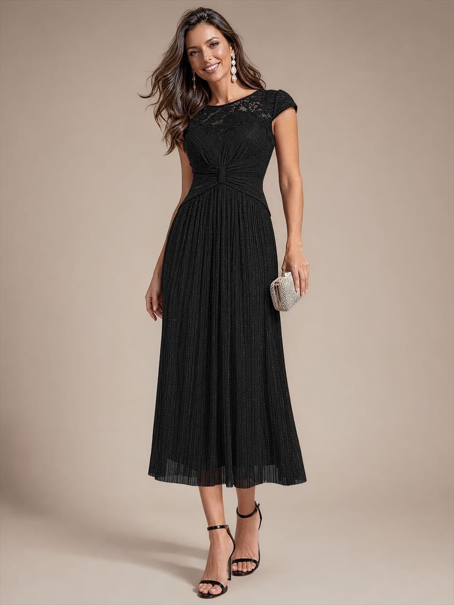 Sequin Tulle Midi Wedding Guest Dress with Cap Sleeves