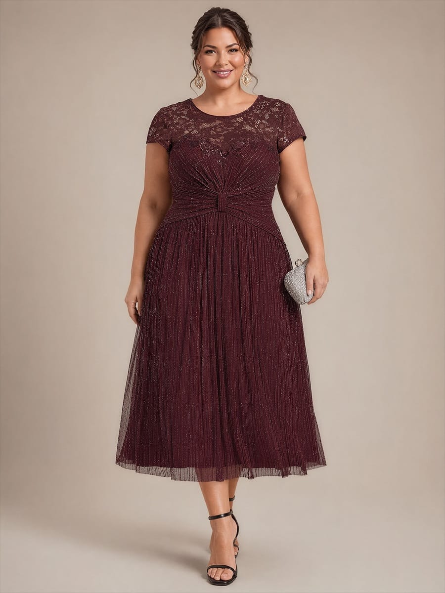 Sequin Tulle Midi Wedding Guest Dress with Cap Sleeves