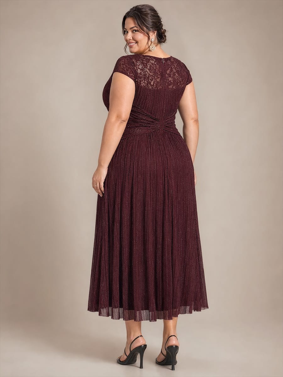 Sequin Tulle Midi Wedding Guest Dress with Cap Sleeves