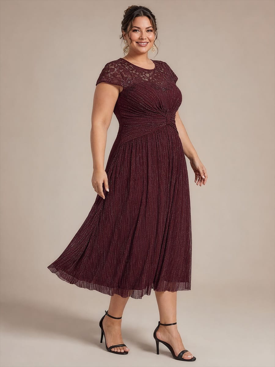 Sequin Tulle Midi Wedding Guest Dress with Cap Sleeves