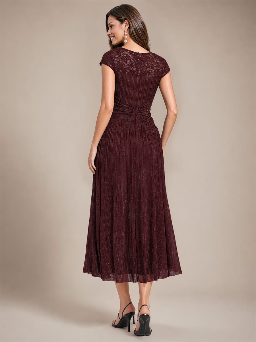Sequin Tulle Midi Wedding Guest Dress with Cap Sleeves