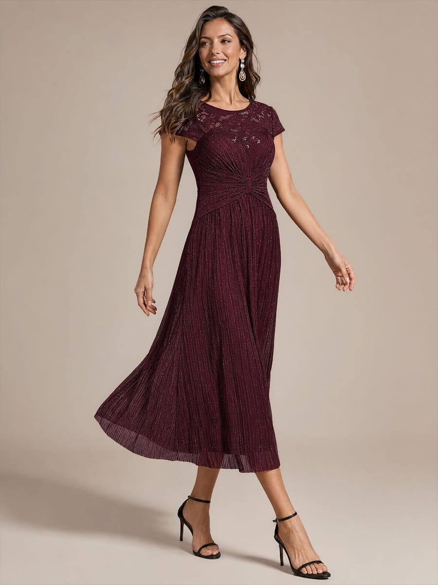 Sequin Tulle Midi Wedding Guest Dress with Cap Sleeves