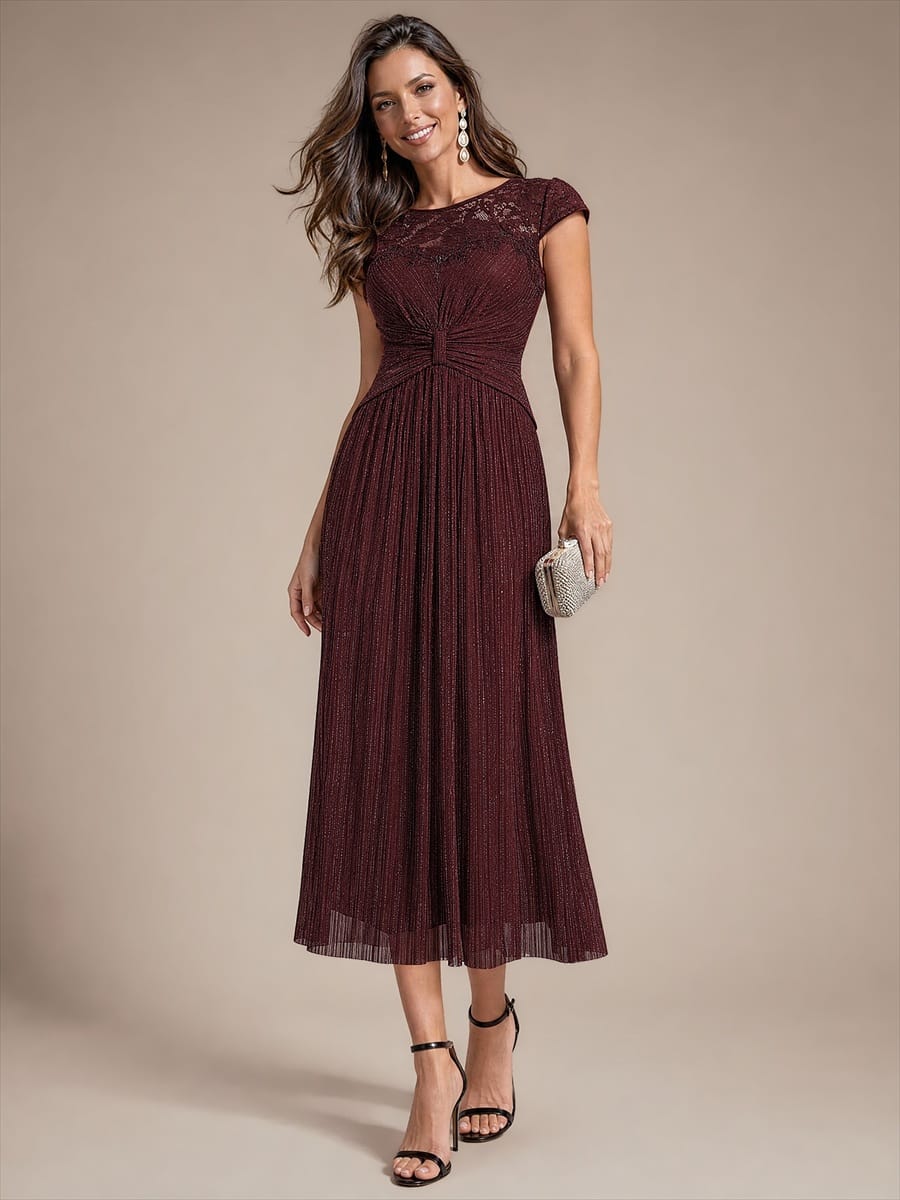 Sequin Tulle Midi Wedding Guest Dress with Cap Sleeves