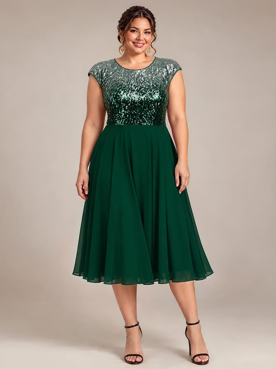Sequin Bodice A-Line Tea Length Wedding Guest Dress