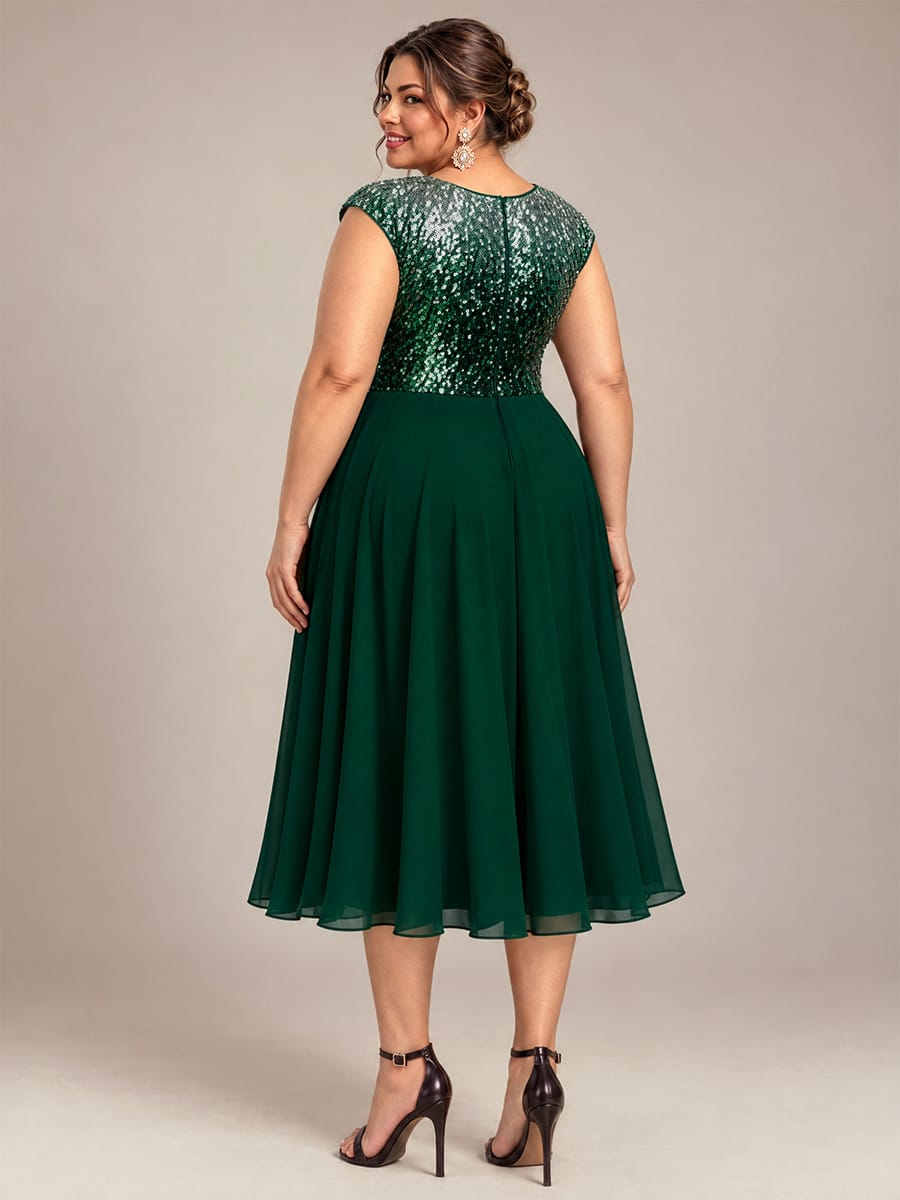 Sequin Bodice A-Line Tea Length Wedding Guest Dress