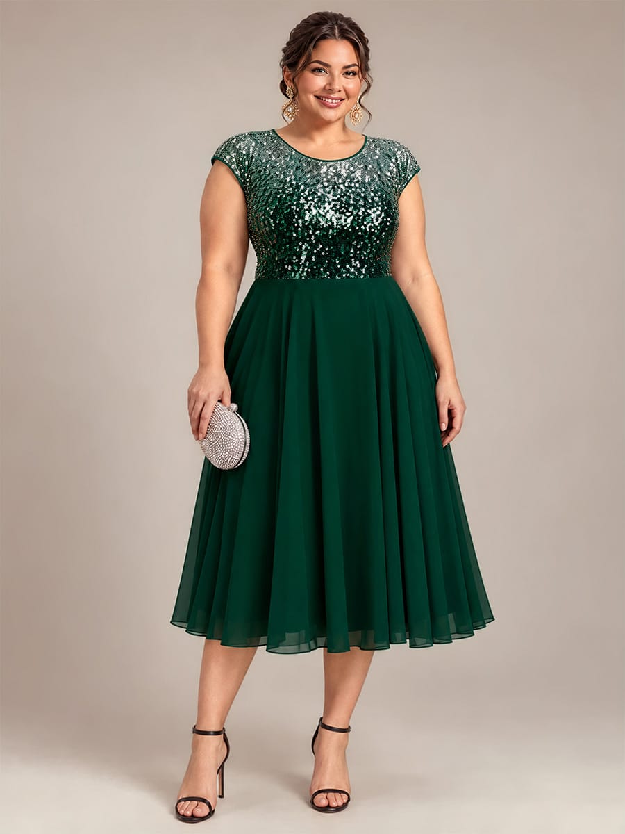 Sequin Bodice A-Line Tea Length Wedding Guest Dress