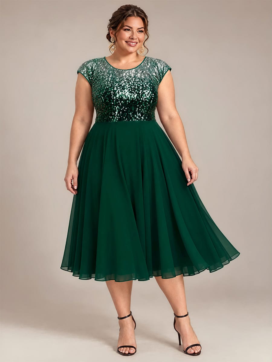 Sequin Bodice A-Line Tea Length Wedding Guest Dress