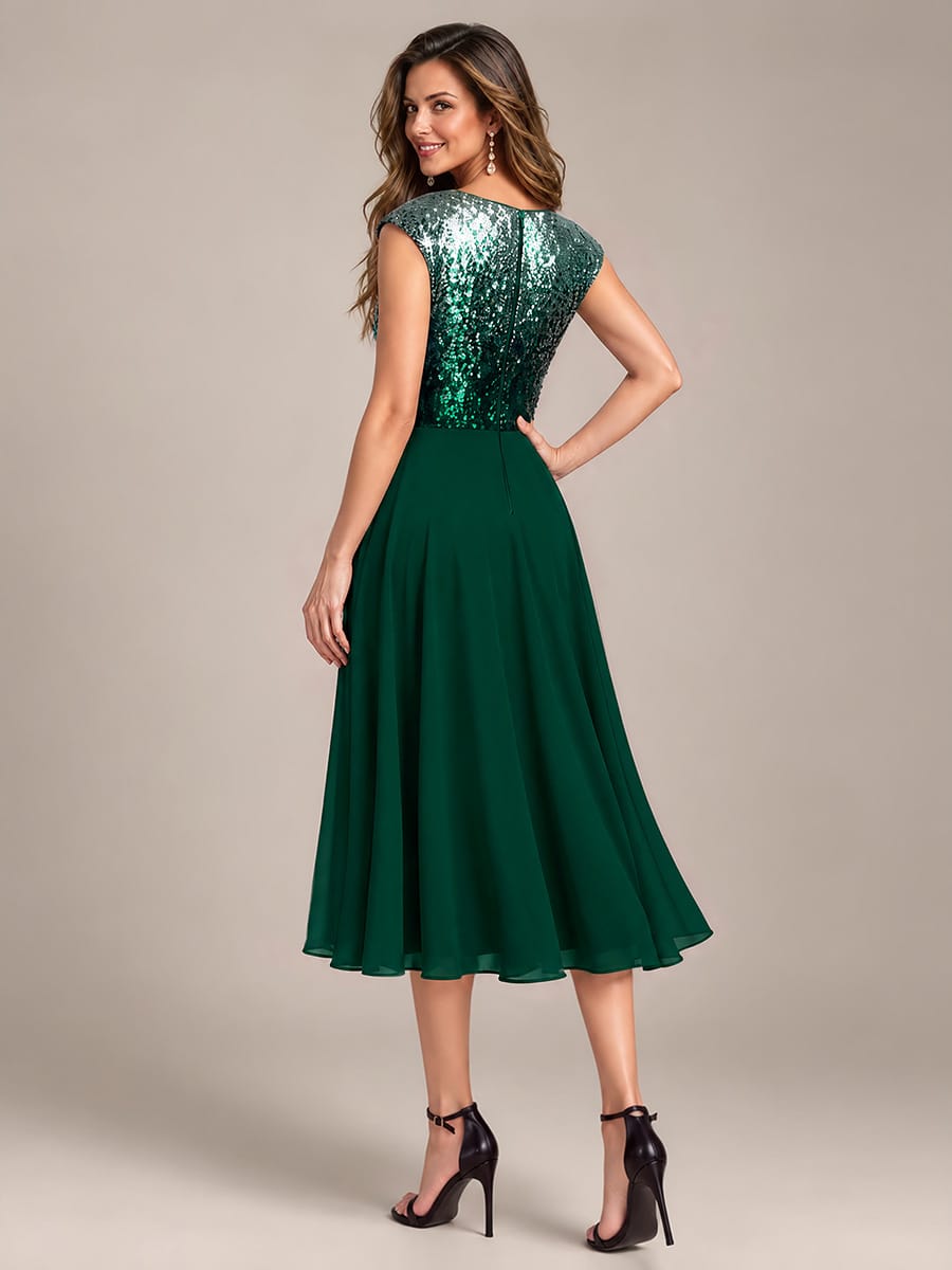 Sequin Bodice A-Line Tea Length Wedding Guest Dress