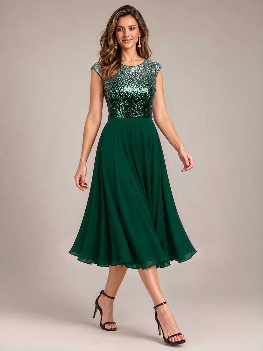 Sequin Bodice A-Line Tea Length Wedding Guest Dress