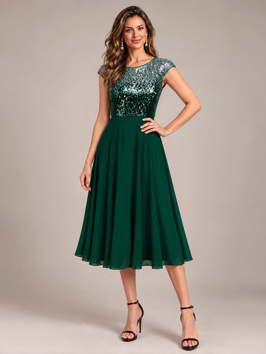 Sequin Bodice A-Line Tea Length Wedding Guest Dress