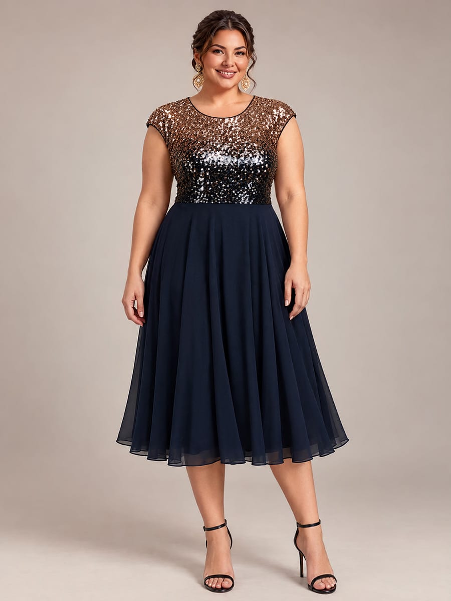 Sequin Bodice A-Line Tea Length Wedding Guest Dress