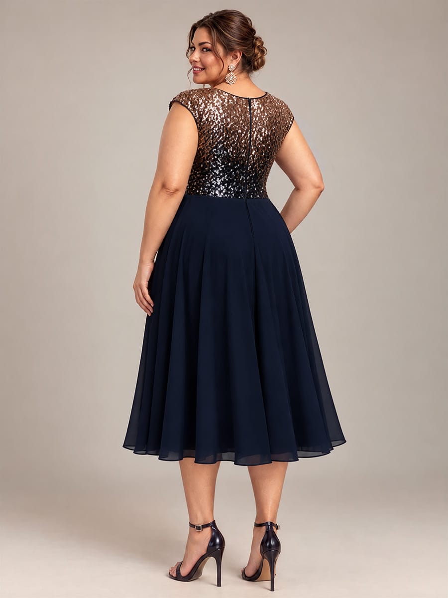 Sequin Bodice A-Line Tea Length Wedding Guest Dress