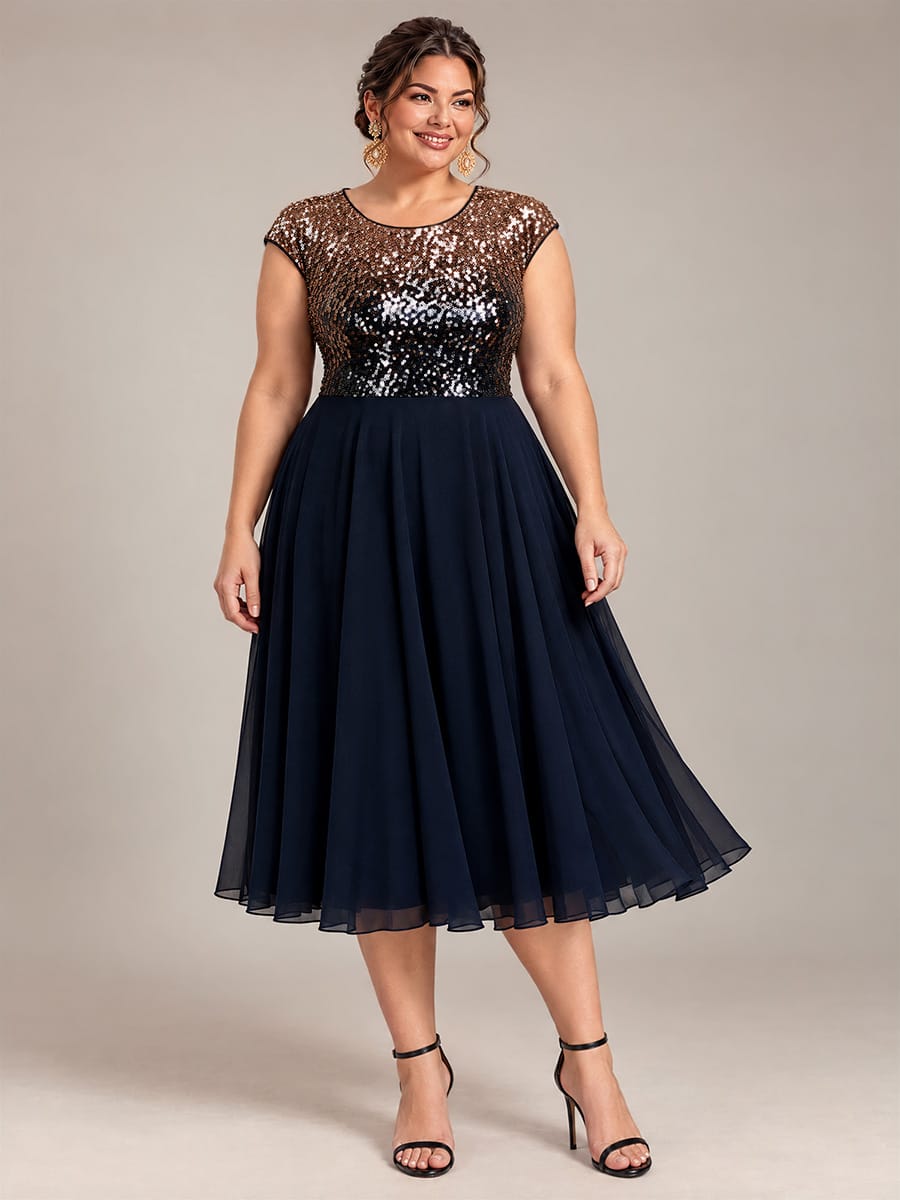 Sequin Bodice A-Line Tea Length Wedding Guest Dress