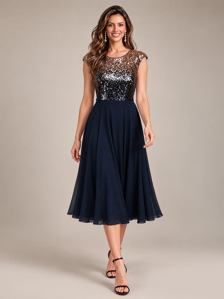 Sequin Bodice A-Line Tea Length Wedding Guest Dress