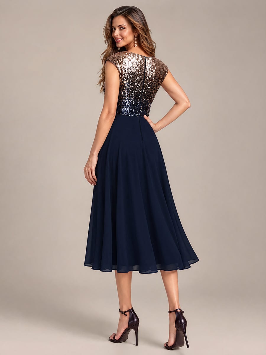 Sequin Bodice A-Line Tea Length Wedding Guest Dress
