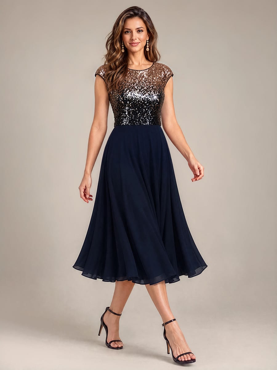 Sequin Bodice A-Line Tea Length Wedding Guest Dress