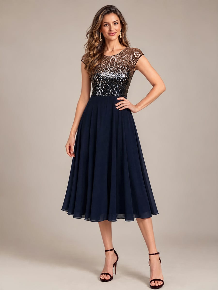 Sequin Bodice A-Line Tea Length Wedding Guest Dress