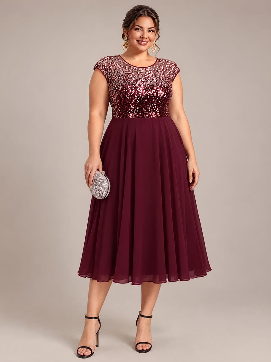 Sequin Bodice A-Line Tea Length Wedding Guest Dress