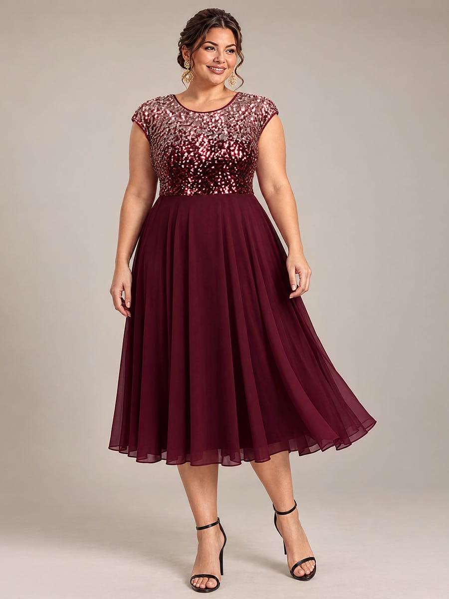 Sequin Bodice A-Line Tea Length Wedding Guest Dress
