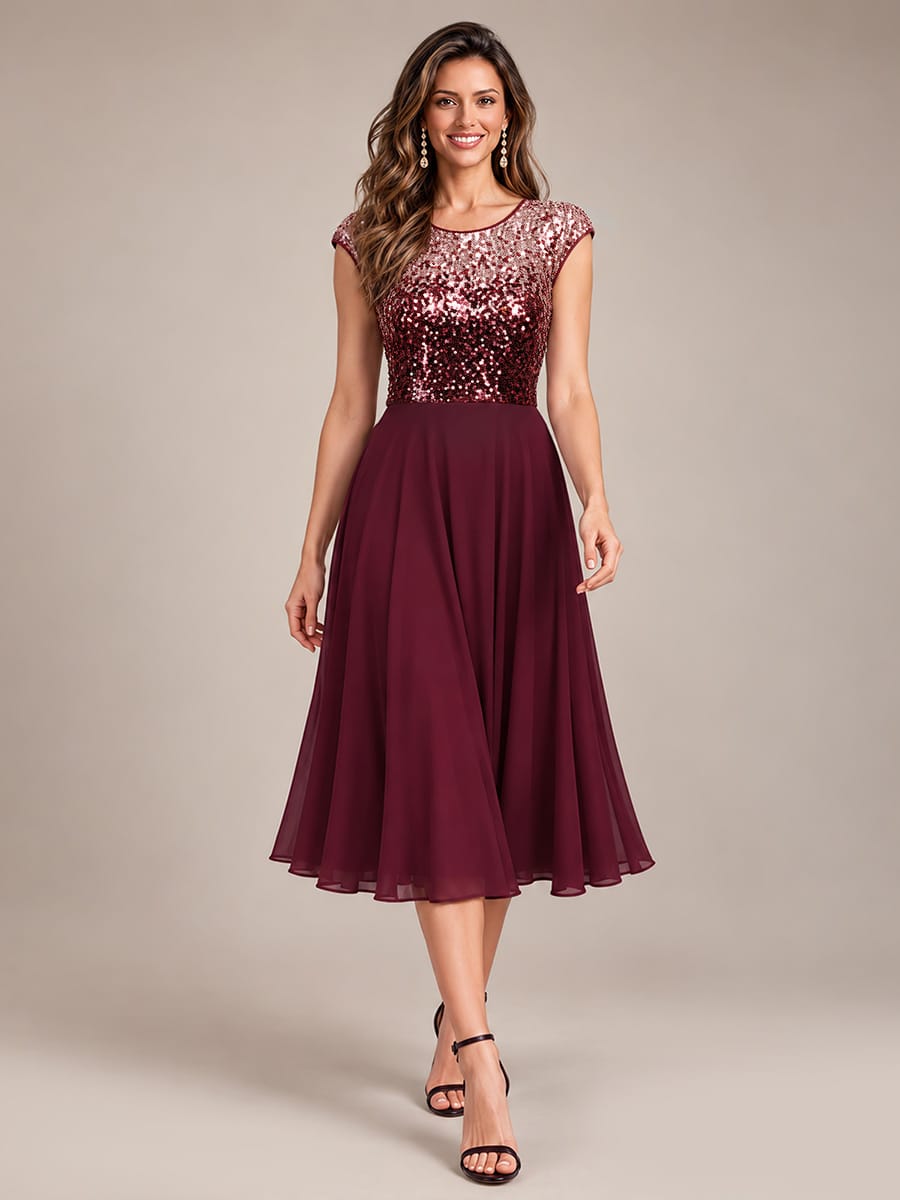 Sequin Bodice A-Line Tea Length Wedding Guest Dress