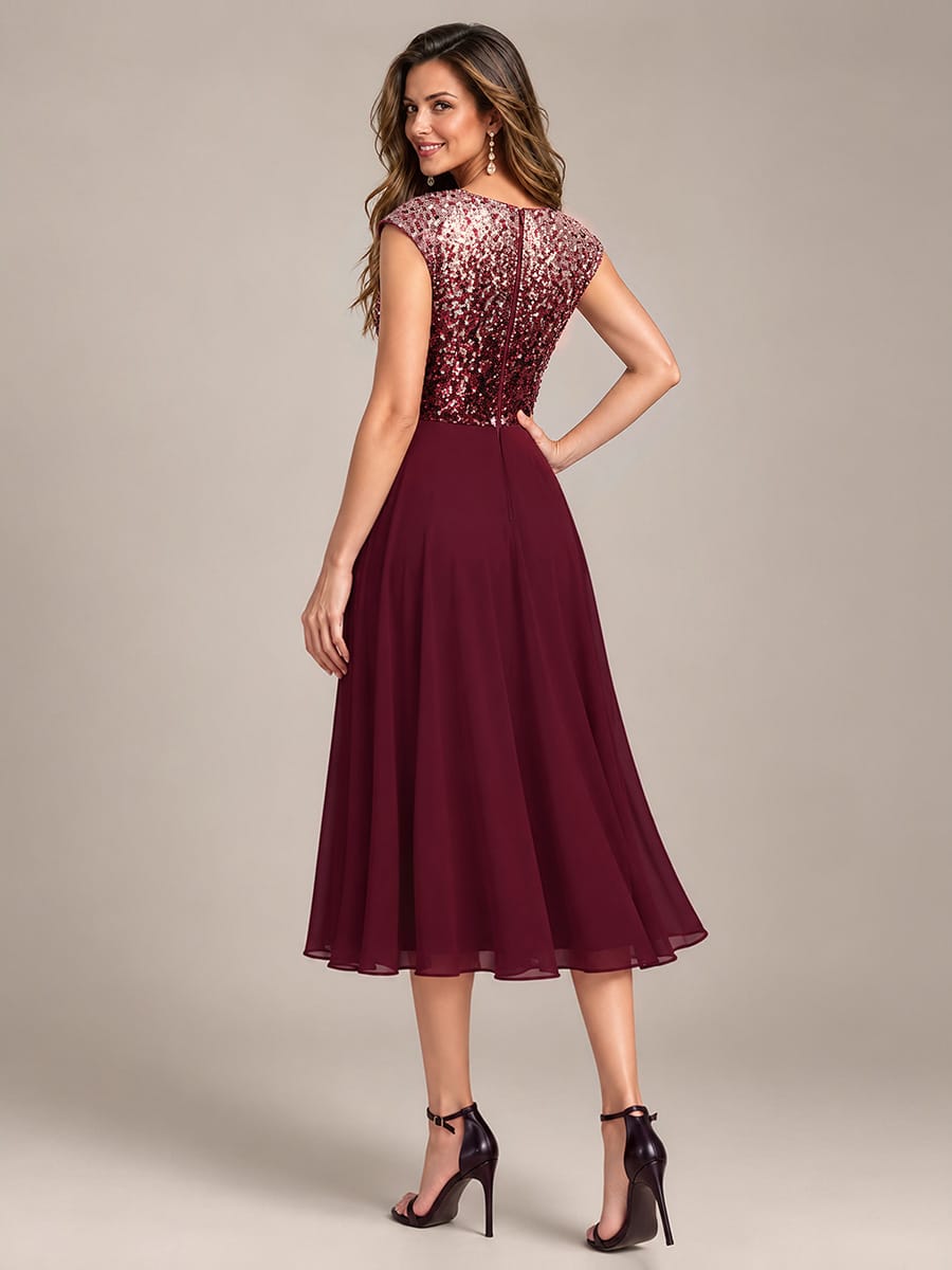 Sequin Bodice A-Line Tea Length Wedding Guest Dress