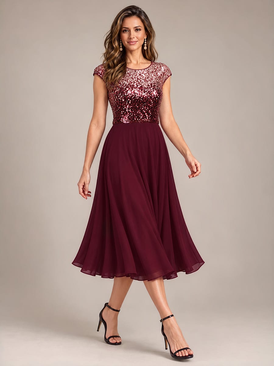 Sequin Bodice A-Line Tea Length Wedding Guest Dress