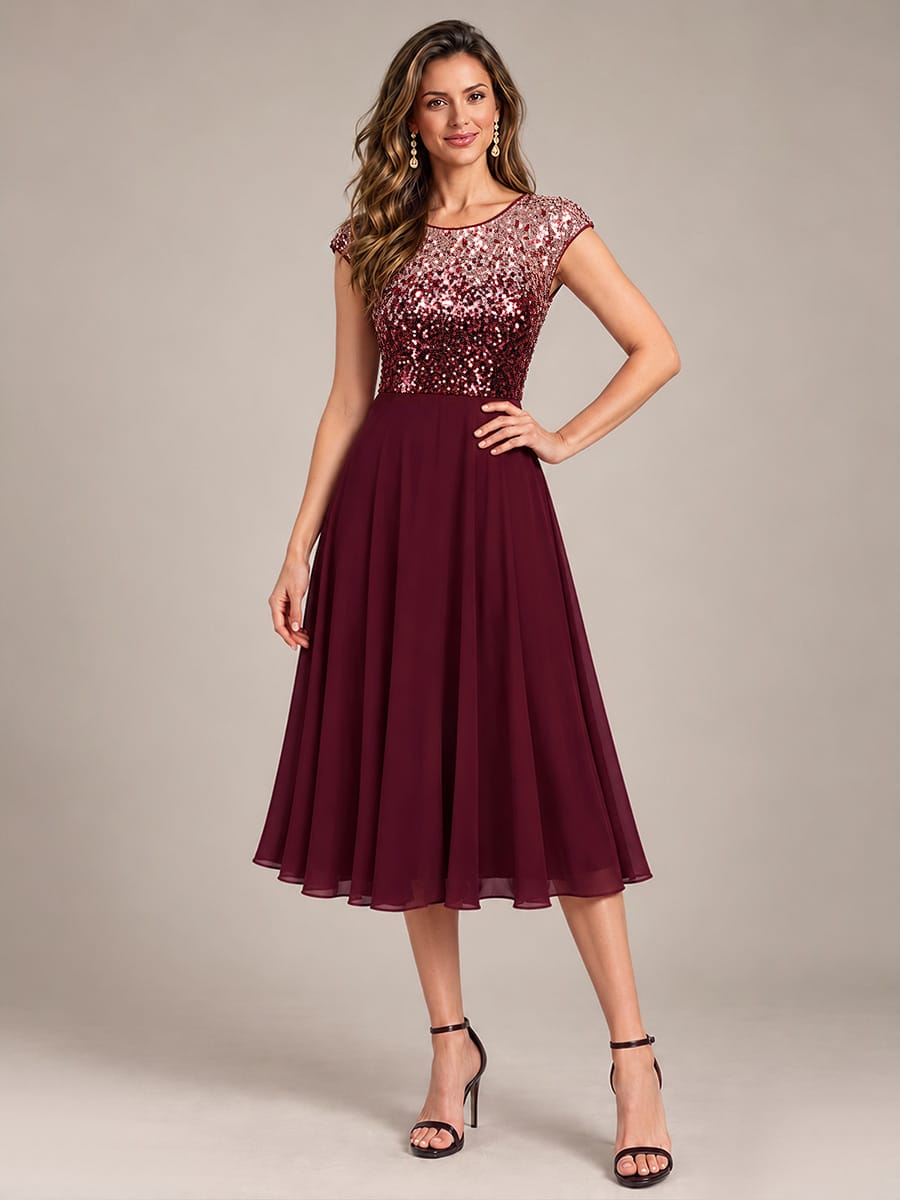 Sequin Bodice A-Line Tea Length Wedding Guest Dress