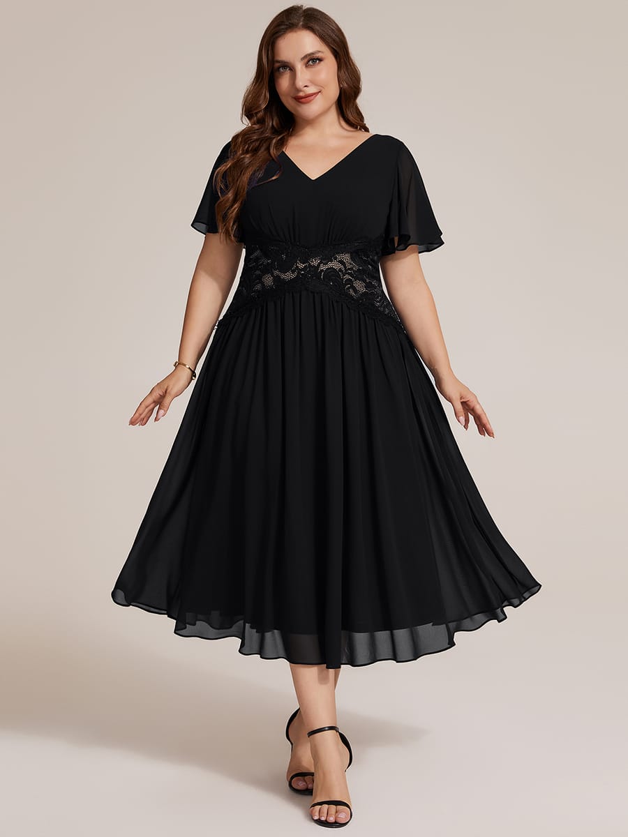 Lace Trim Chiffon Midi Dress with Ruffle Sleeves