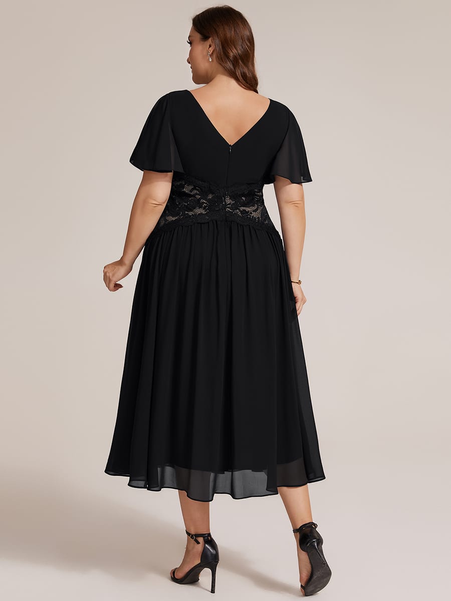 Lace Trim Chiffon Midi Dress with Ruffle Sleeves