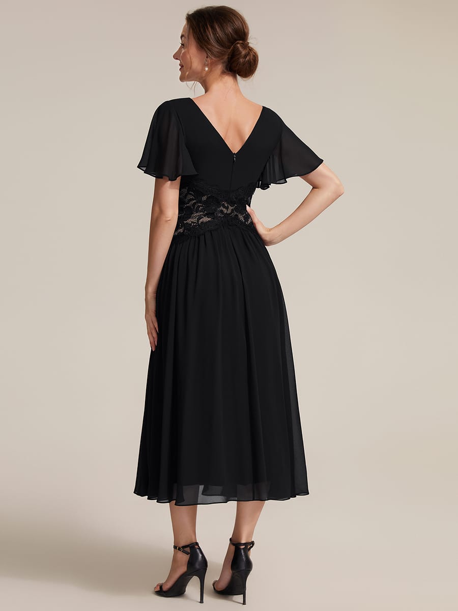 Lace Trim Chiffon Midi Dress with Ruffle Sleeves
