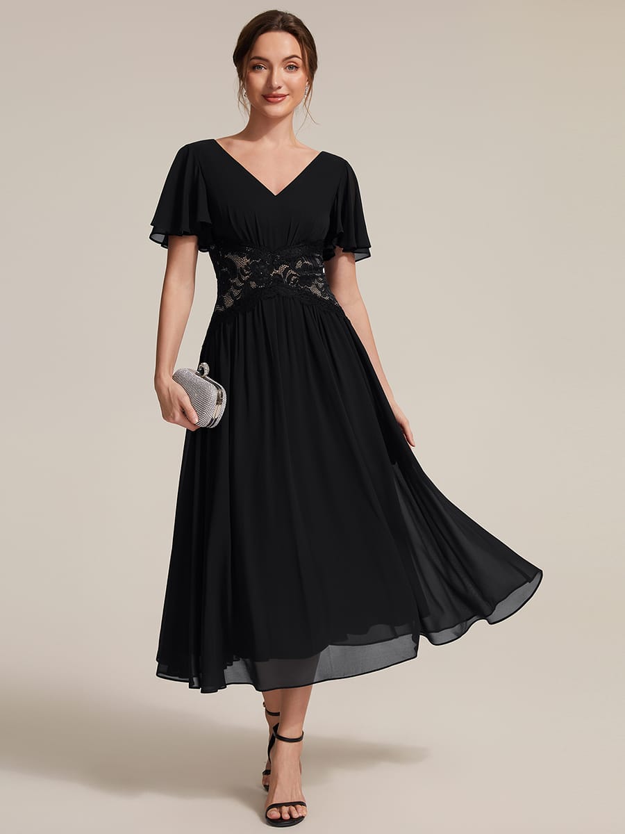 Lace Trim Chiffon Midi Dress with Ruffle Sleeves