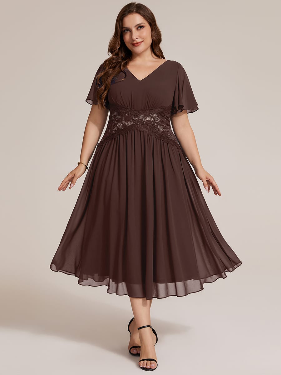 Lace Trim Chiffon Midi Dress with Ruffle Sleeves