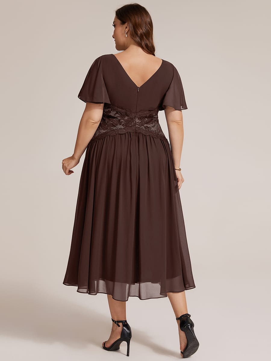 Lace Trim Chiffon Midi Dress with Ruffle Sleeves