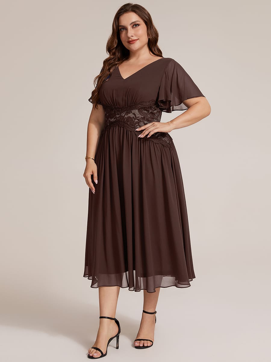 Lace Trim Chiffon Midi Dress with Ruffle Sleeves