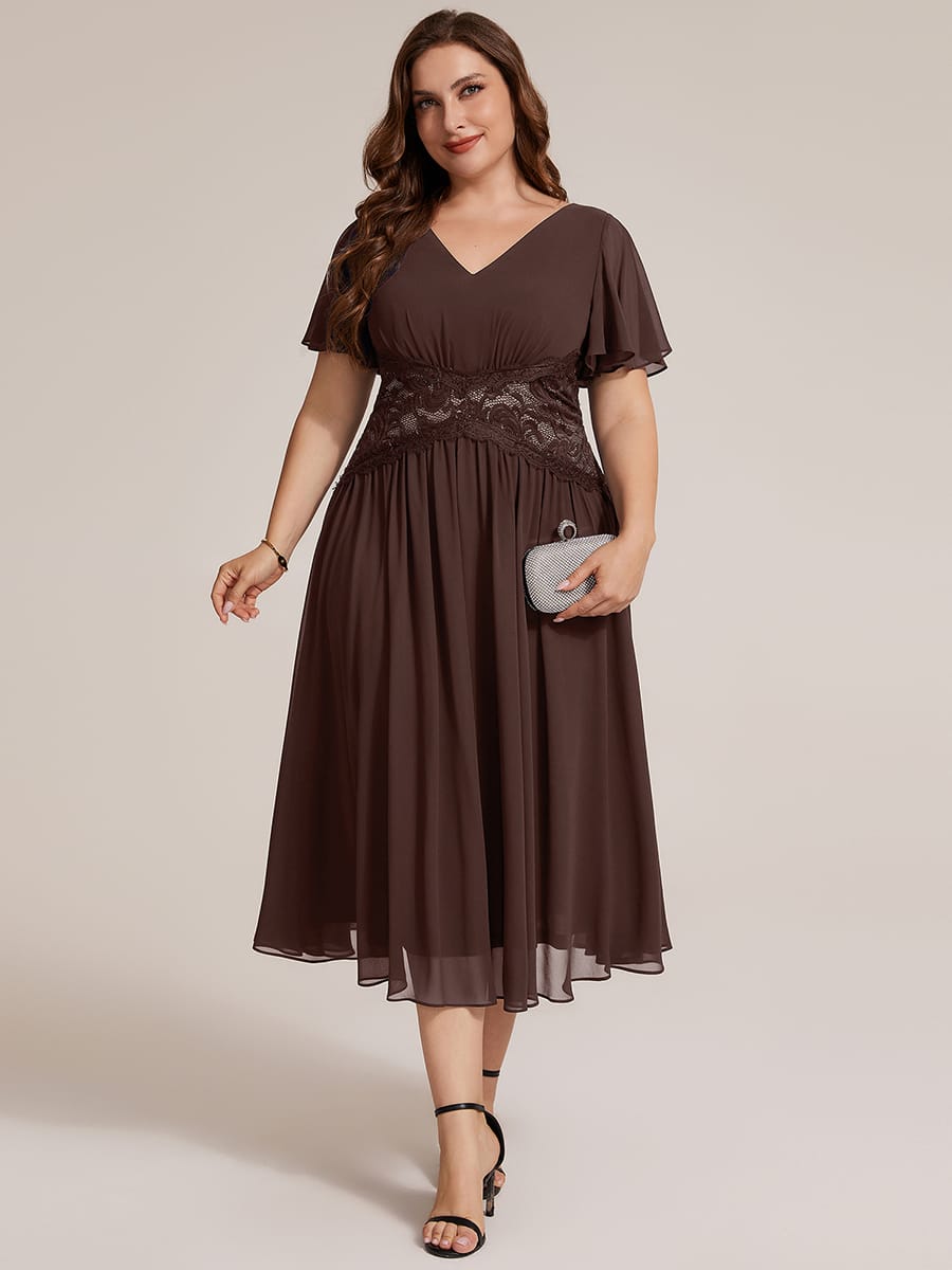 Lace Trim Chiffon Midi Dress with Ruffle Sleeves