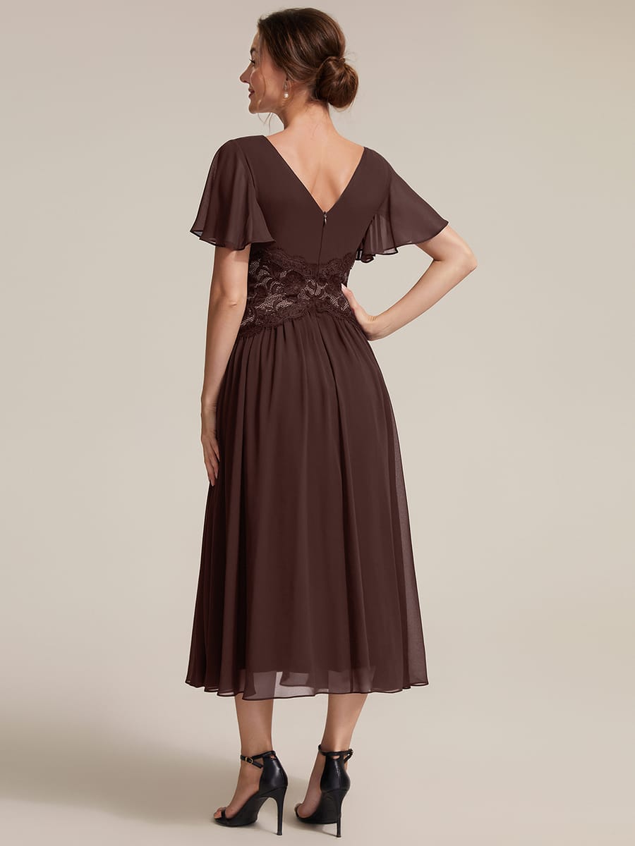 Lace Trim Chiffon Midi Dress with Ruffle Sleeves