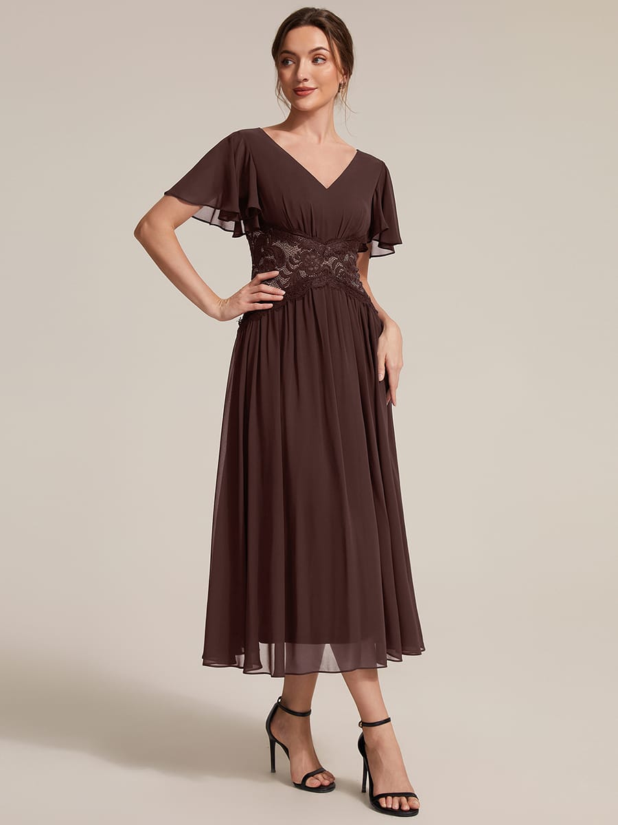Lace Trim Chiffon Midi Dress with Ruffle Sleeves
