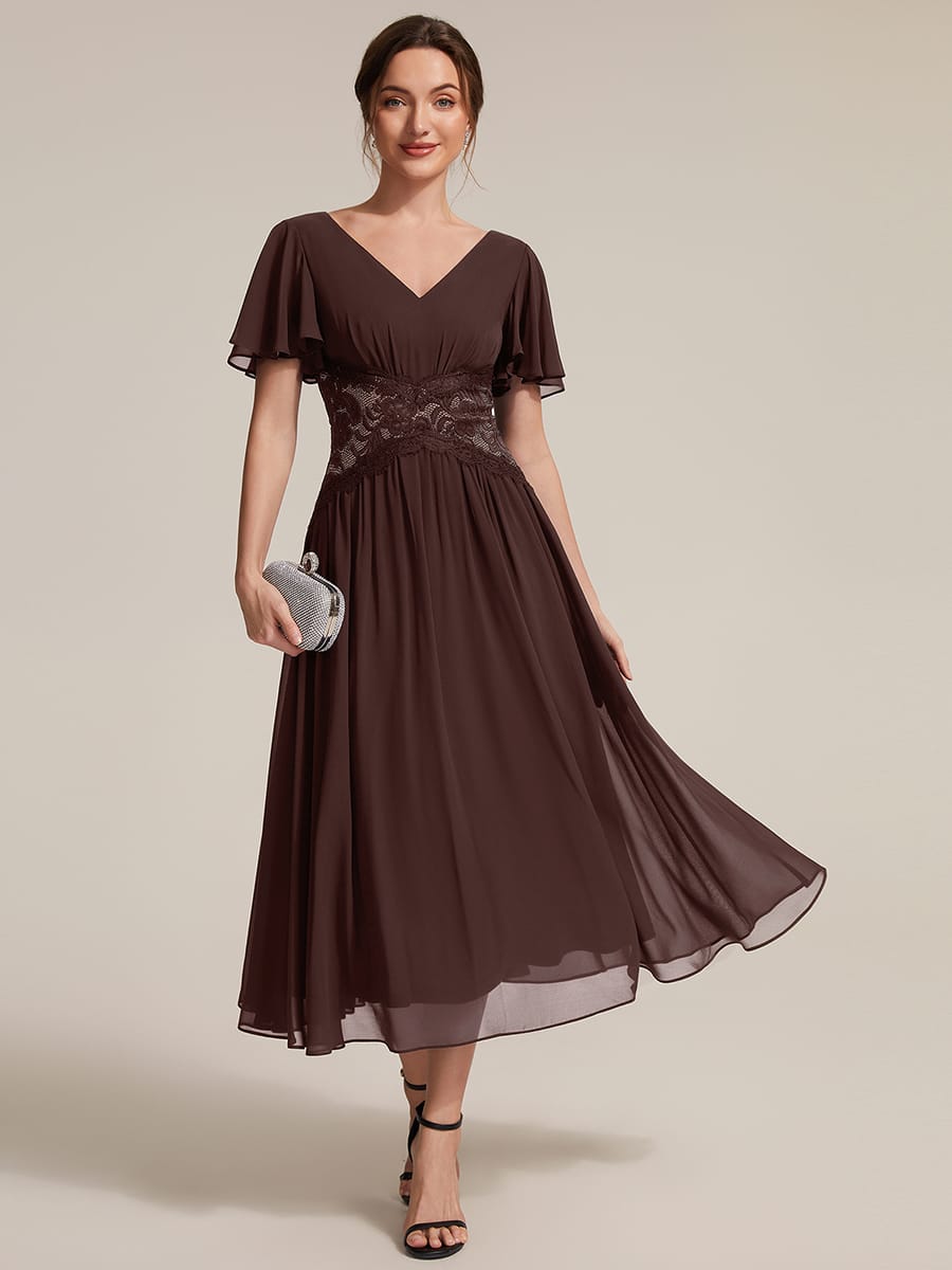 Lace Trim Chiffon Midi Dress with Ruffle Sleeves