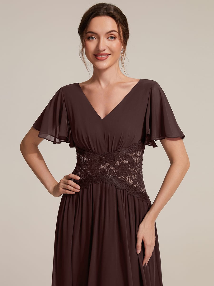 Lace Trim Chiffon Midi Dress with Ruffle Sleeves