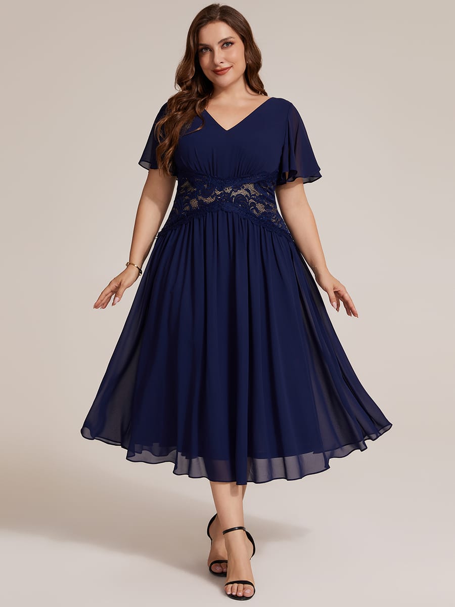 Lace Trim Chiffon Midi Dress with Ruffle Sleeves