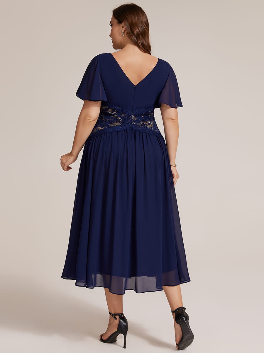 Lace Trim Chiffon Midi Dress with Ruffle Sleeves