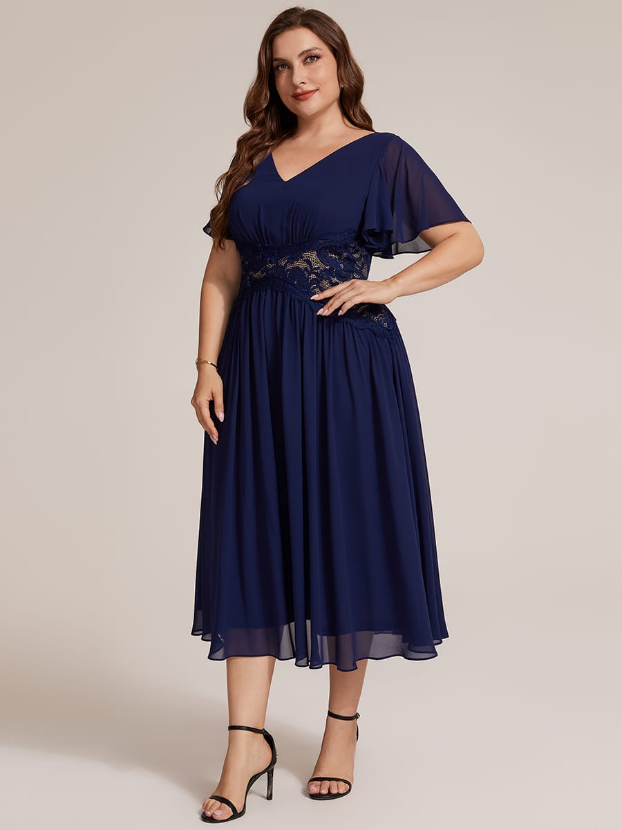 Lace Trim Chiffon Midi Dress with Ruffle Sleeves