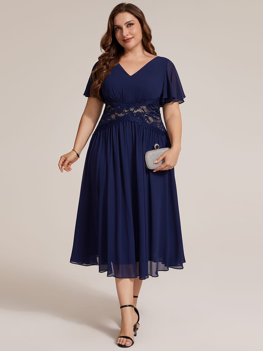 Lace Trim Chiffon Midi Dress with Ruffle Sleeves