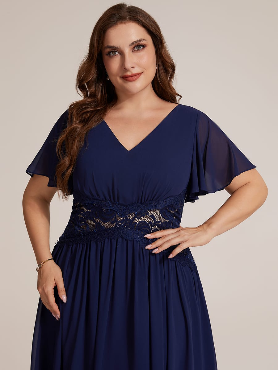 Lace Trim Chiffon Midi Dress with Ruffle Sleeves
