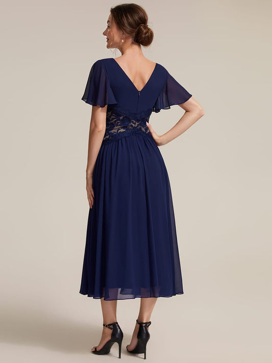 Lace Trim Chiffon Midi Dress with Ruffle Sleeves