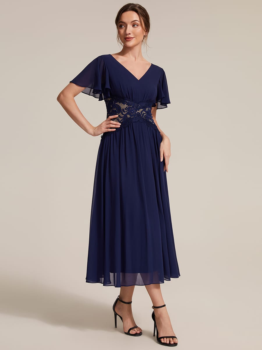 Lace Trim Chiffon Midi Dress with Ruffle Sleeves