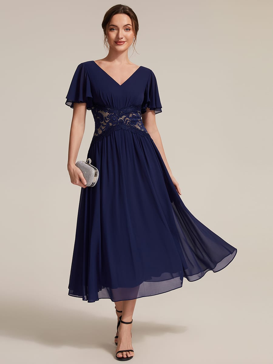 Lace Trim Chiffon Midi Dress with Ruffle Sleeves